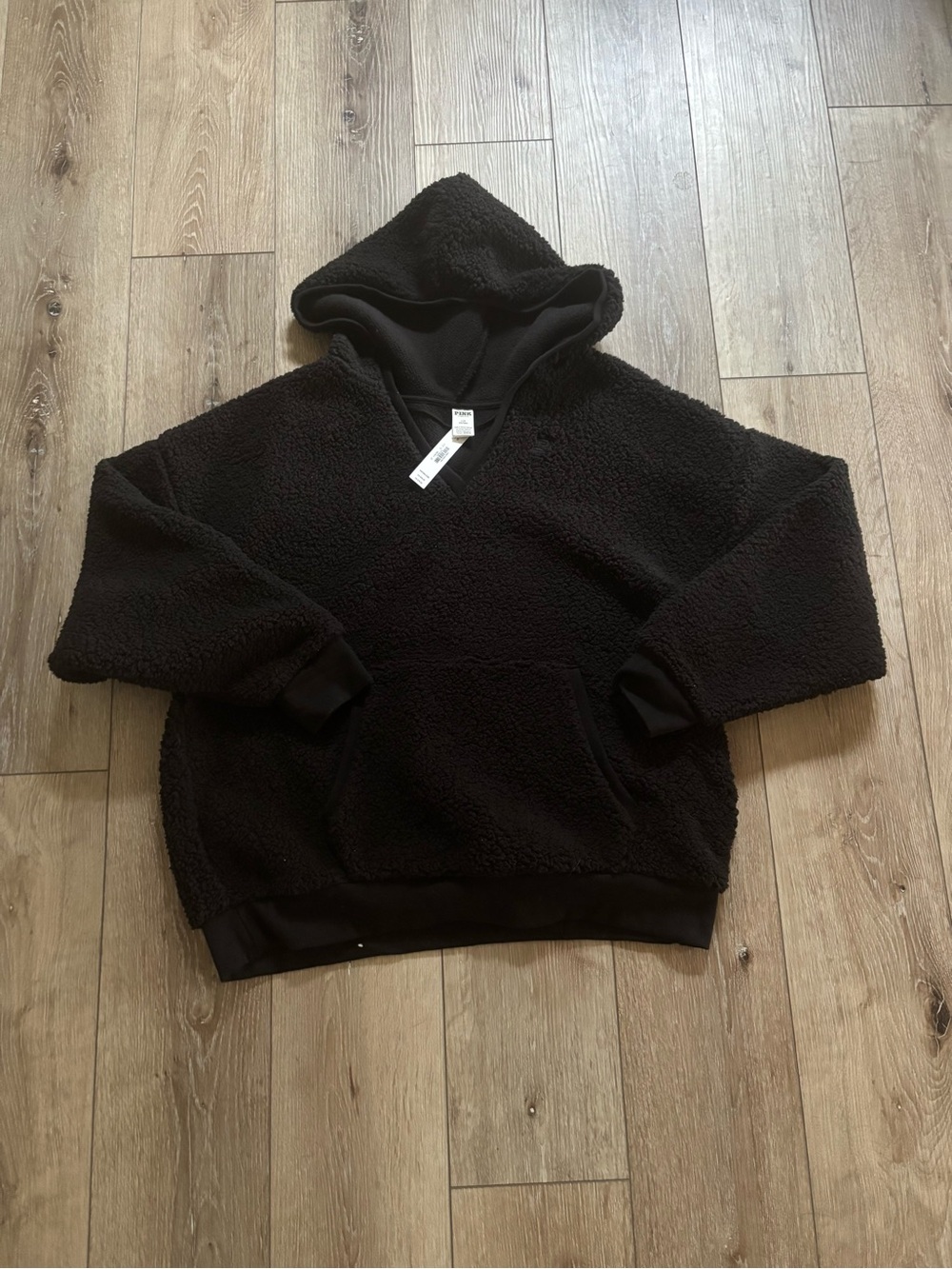 Victoria's Secret PINK cozy sherpa fleece hoodie in black  size large nwt